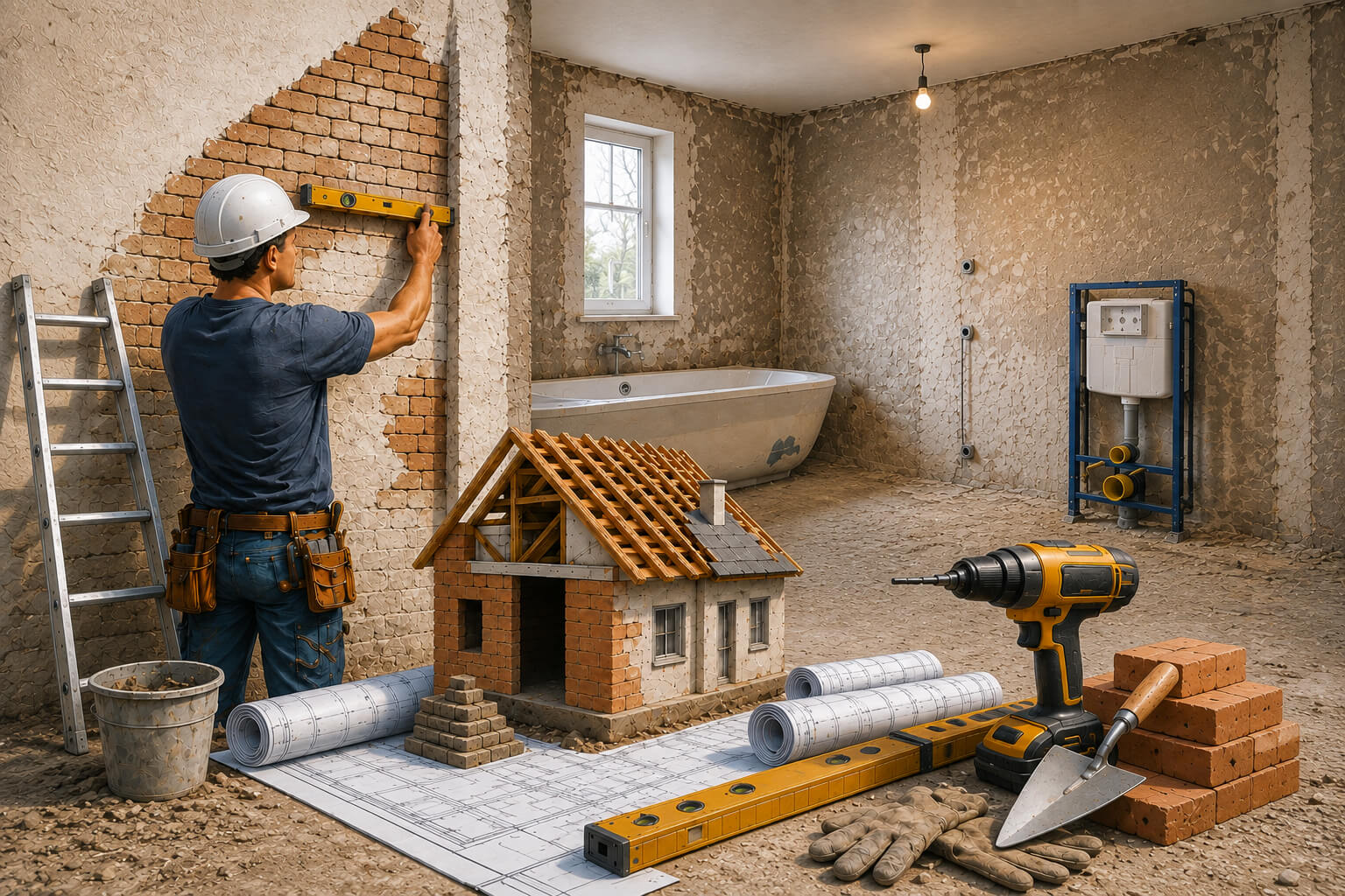 Bau- und Sanierungsarbeiten mit Werkzeugen, Bauplänen und Rohbau