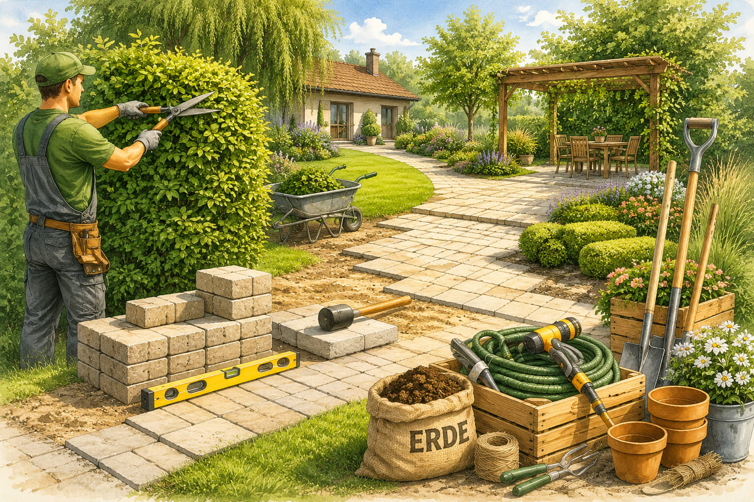 Fachkraft bei der Gartenpflege mit Hecke, Pflasterarbeiten und Gartengeräten